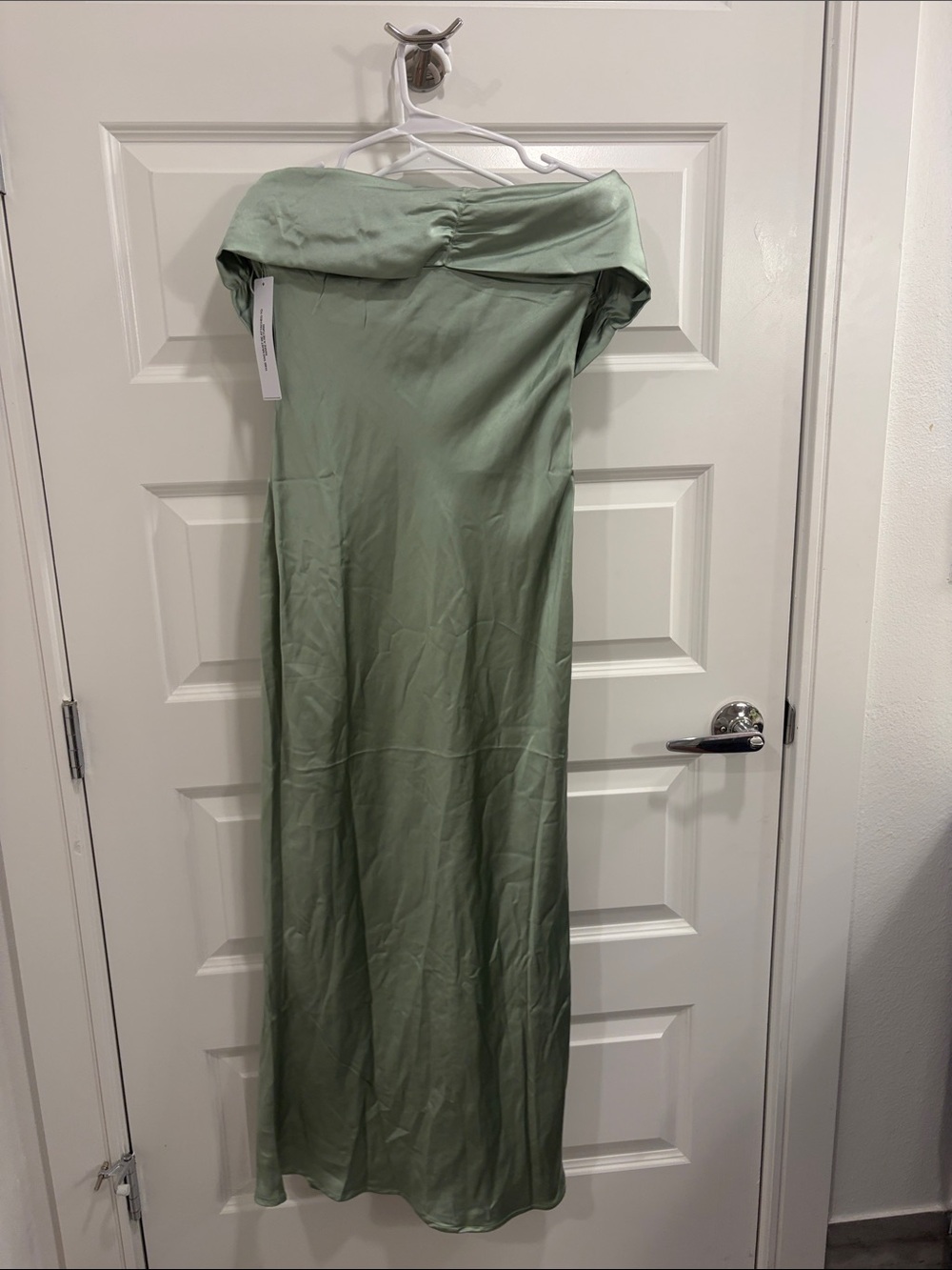 Lulu's Sage Green Off-Shoulder Satin Midi Dress